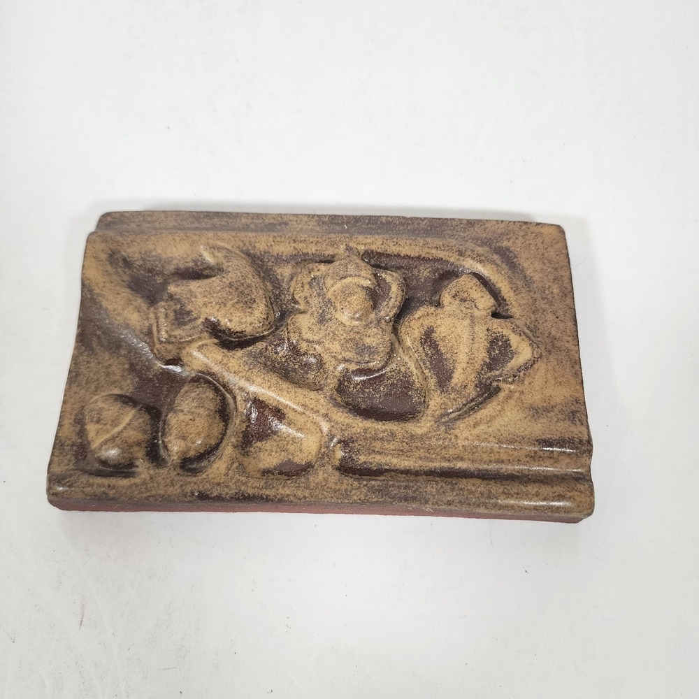 Vintage Handmade Art Pottery Floral Relief Tile Trivet Brown Tan Terracotta